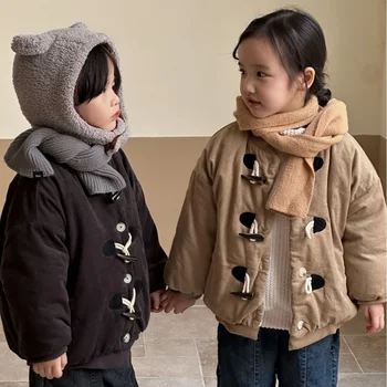 2023 Зимнее повседневное вельветовое пальто на пуговицах из плотного теплого флиса для девочек и мальчиков, детская куртка, верхняя одежда