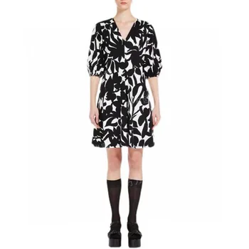 2023 Новое Осеннее Платье трапециевидной формы с V-образным вырезом и Короткими рукавами с Набивным Рисунком для женщин, Мини-платье