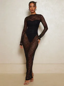 2024 Женская одежда, Прозрачное кружевное платье в стиле пэчворк с длинным рукавом, женская сексуальная туника, Облегающее черное платье с высоким разрезом, вечерние платья для вечеринок