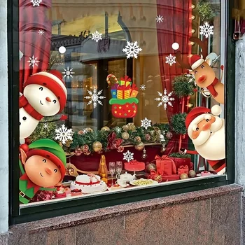 80шт Рождественских наклеек на окна в виде снежинок, стикеров для стекла, рождественских наклеек, праздничных украшений, снежинок, Санта-Клауса, оленя