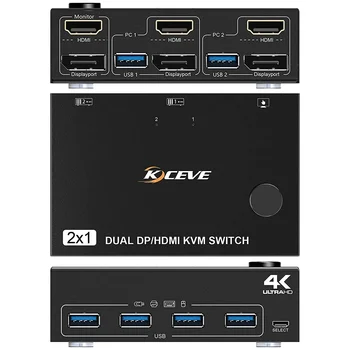 HDMI DP KVM-переключатель USB 3,0 С двумя мониторами Displayport KVM-переключатель Поддерживает 2 Компьютера с общей клавиатурой, Мышью и монитором KCEVE
