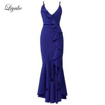 Liyuke, элегантные шифоновые платья для матери невесты в стиле русалки королевского синего цвета с глубоким V-образным вырезом, без спинки, длиной до пола