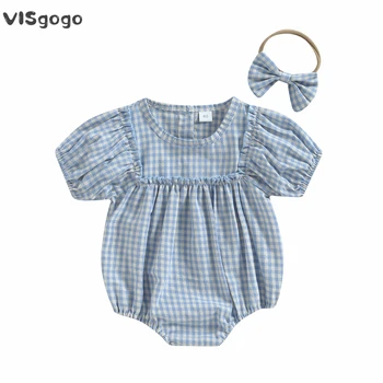 VISgogo Комбинезон для новорожденных девочек, летняя одежда из 2 предметов, короткий комбинезон в клетку с пышными рукавами и повязкой на голову, повседневная одежда