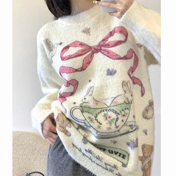 Американский винтажный свитер Y2K с рисунком мультяшного кролика для девочек, свободный вязаный пуловер оверсайз, мягкая удобная зимняя одежда