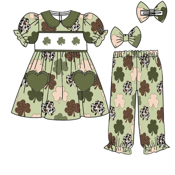 Бутик-детский комплект на День Святого Паркера, эластичные брюки с принтом травы с короткими рукавами, эластичные шорты для девочек, костюм с бантом для девочек и мальчиков, брюки