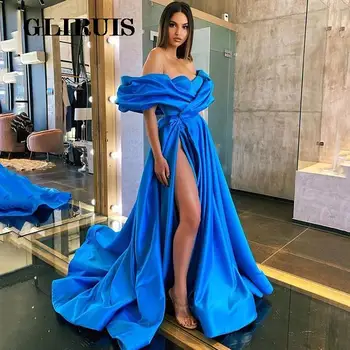 Великолепные арабские платья для выпускного вечера с высоким разрезом, Вечерние платья Королевского синего цвета, Длинное платье знаменитости с открытыми плечами 2022 года