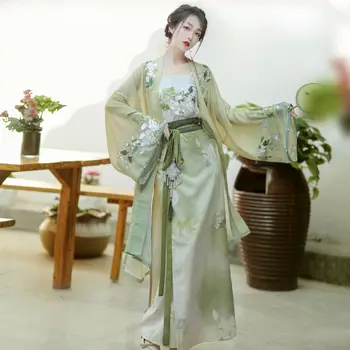 Весеннее элегантное зеленое платье Hanfu с цветочным принтом, 3 шт., древнекитайский костюм для женщин династии Сун, повседневные тонкие платья Vestido
