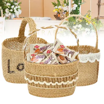 Винтажная льняная плетеная корзина для цветов С ручкой, Кружевная сумка для хранения подарочных конфет, Украшение стола для свадебной церемонии в деревенском стиле