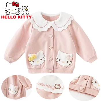 Вязаный кардиган Hello Kitty для девочек, Зимний детский свитер с капюшоном и теплыми оборками с героями мультфильмов, милая одежда, топ с длинными рукавами