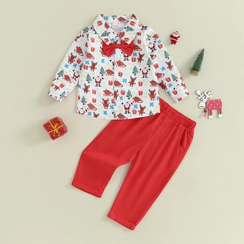 Детская одежда SUNSIOM для мальчиков, рождественский наряд, рубашка с галстуком-бабочкой с принтом Санта-Клауса с длинными брюками, рождественский наряд