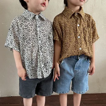 Детская одежда, Детская рубашка с короткими рукавами для мальчиков, рубашка с леопардовым принтом для девочек в корейском стиле, Весна-лето 2023, Новый повседневный топ для малышей