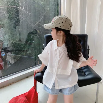Детская рубашка для летних девочек в корейском стиле, однотонная рубашка с неправильной строчкой, рубашка с короткими рукавами, топ-поло с воротником наполовину