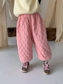 Детские брюки Детская одежда плюшевые утепленные брюки в Корейскую клетку с эластичным поясом, новый зимний стиль, теплый хлопок