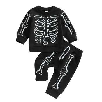 Детские костюмы на Хэллоуин для мальчиков и девочек, топы с длинными рукавами и принтом скелета + штаны, Комплект одежды для новорожденных