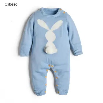 Детский комбинезон Вязаный зимний для девочки с милым кроликом, комбинезон для новорожденных малышей, осенняя одежда для мальчиков с длинным рукавом