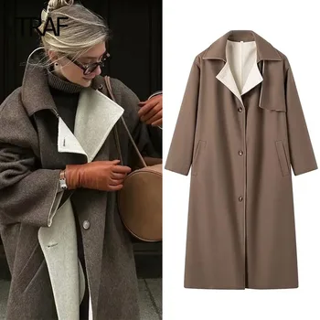 Длинное пальто из твида TRAF, женская куртка, осенне-зимний топ с длинным рукавом, новинка в верхней одежде, пальто в корейском стиле, Роскошные дизайнерские пальто для женщин