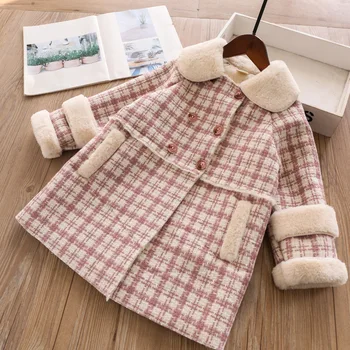 Длинное плотное пальто в клетку для девочек на осень-зиму от 3 до 8 лет