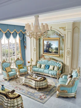 Европейский кожаный диван 124 комбинированный U-образный вилла шампанское золотая фольга массив дерева двусторонний резной диван из воловьей кожи