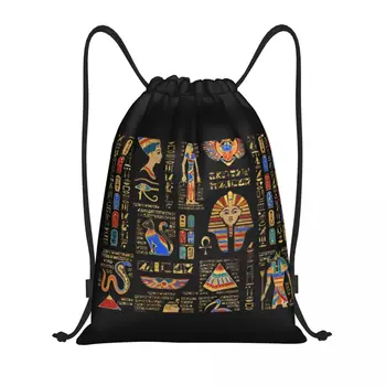 Египетские иероглифы И Божества, сумка на шнурке, Женская Мужская Складная спортивная сумка для спортзала, Египетские Рюкзаки для покупок