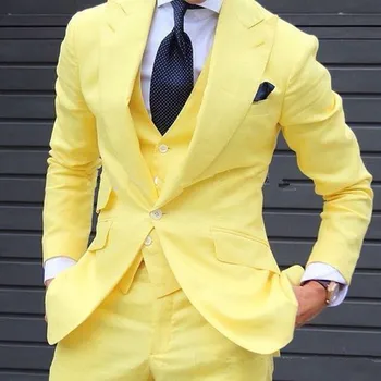 Желтые мужские костюмы из 3 предметов, сшитые на заказ в 2023 году, новейшие модели пальто и брюк, модный мужской костюм, свадебный пиджак для жениха