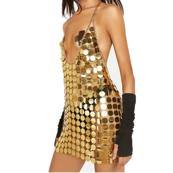 Женская Мини-юбка Spice Girl с Металлическими блестками, Серебристый диск, Глубокий V-образный вырез, Пляжное платье для ночного клуба, Вечернее платье для вечеринки, Мода, 2023