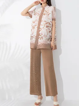Женский модный комплект из двух предметов, летний новый топ с принтом и воротником-стойкой, брюки с высокой талией и прямыми штанинами