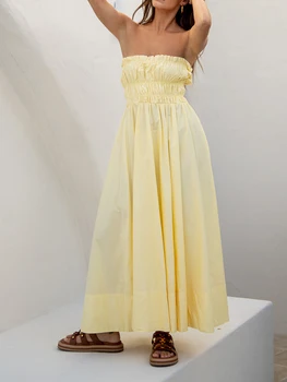 Женское элегантное платье Макси без бретелек с рюшами на лифе и струящимся дизайном с открытыми плечами для пляжных вечеринок и официальных мероприятий