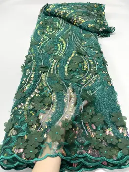 Зеленая Африканская ткань с 3D Цветами, 5 Ярдов 2023, Высококачественный Клей, Расшитая Блестками Французская Нигерийская Кружевная ткань для свадьбы