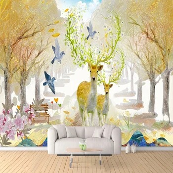 Изготовленная на заказ 3D Водонепроницаемая Европейская Пейзажная картина маслом Dream Golden Forest С лосем в спальне, на фоне телевизора, украшение стен Papel Tapiz