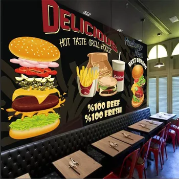 Изготовленные на Заказ Гамбургеры Burgers Обои Западный Ресторан Быстрого Питания Черный Фон Настенные Обои Снэк-Бар Papel De Parede 3D