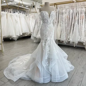Индивидуальные свадебные платья Русалки из сверкающего тюля с открытыми плечами, роскошные аппликации, платья невесты со шлейфом в часовне для женщин