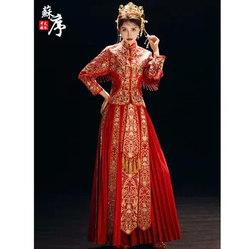 Китайская Свадебная Пара с Красной Вышивкой, Платье с Драконом и Фениксом, платья в современном Восточном стиле, платье для банкета Жениха и тоста Xiuhe