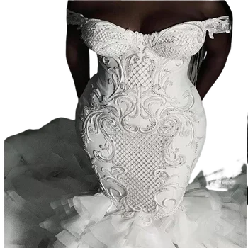 Классические свадебные платья с вышивкой бисером с открытыми плечами, многоуровневые оборки, винтажные свадебные платья больших размеров