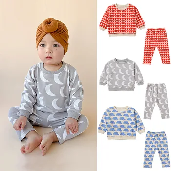 Комплект детской толстовки и штанов, хлопковая рубашка с длинными рукавами и мультяшным принтом, одежда из двух предметов для новорожденных мальчиков и девочек, весна-осень