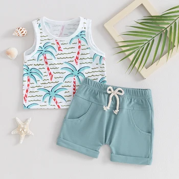 Комплект майки для малыша и мальчика, Летняя тропическая футболка без рукавов, Однотонные шорты, Наряды, Пляжная одежда из 2 предметов