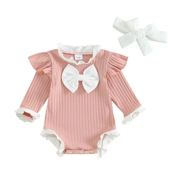 Комплект одежды из 2 предметов для маленьких девочек, комбинезон с оборками и бантиками, комбинезон с длинными рукавами и милая повязка на голову для малышей.