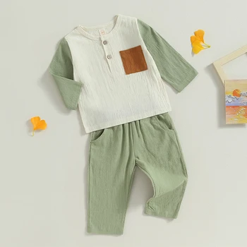 Комплекты весенней одежды для малышей Контрастного цвета Повседневные топы с длинными рукавами Брюки с эластичной резинкой на талии Осенний детский костюм из 2 предметов