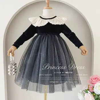 Корейская детская одежда для девочек, весенне-осеннее бархатное сетчатое платье для девочек, платье принцессы, модное детское платье