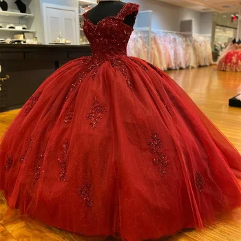Красное пышное платье в Мексиканском стиле с открытыми плечами, платье для выпускного вечера, бальное платье, бусы, цветочное кружево, вечернее платье для девочек Sweet 16, Vestidos