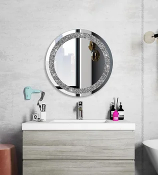Круглое серебряное зеркало для украшения стен, хрустальный бриллиант, блестящий, 60x60 см