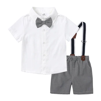 Летний комплект джентльменской одежды для маленьких мальчиков, Новая рубашка с короткими рукавами для маленьких мальчиков + шорты на бретельках, детский костюм из 2 предметов
