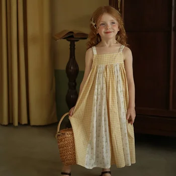 Летняя детская одежда, клетчатое платье с цветочным принтом на бретельках, без рукавов, лоскутные платья милой принцессы, одежда для детей от 1 до 7 лет