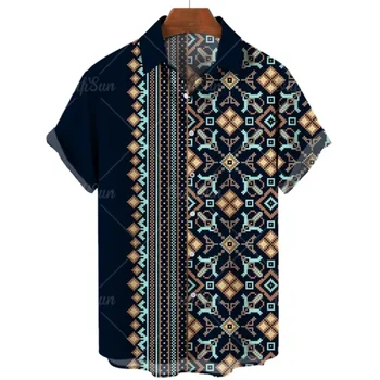 Мужская рубашка с коротким рукавом в гавайском пляжном стиле с 3D принтом в винтажную полоску с цветным блоком, креативная, свободная, дышащая