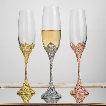 Набор из 2 хрустальных бокалов для шампанского, Свадебные бокалы, Металлическая основа с хрустальным камнем для помолвки Пары, подарок на Новоселье