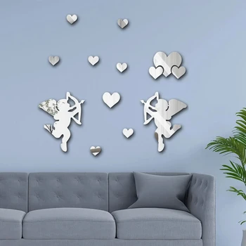 Наклейка на стену в виде ангела с зеркальной поверхностью в форме сердца, акриловая водонепроницаемая наклейка на стену, 3D декоративные наклейки на стену для детской комнаты