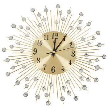 Настенные часы с бриллиантами, декоративные круглые часы, Металлический декор для гостиной, тихие кварцевые часы, современные минималистичные часы (золото)