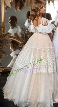 Нежное Белое кружевное платье из тюля, платье принцессы-цветочницы для свадьбы, Длинное платье для Первого причастия с корсетом сзади, Праздничное платье