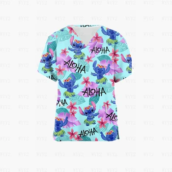 Новая больничная футболка, униформа медсестры, Женская летняя рубашка с V-образным вырезом, топы с карманами, футболка Disney Stitch, топы с вышивкой, женские 2023