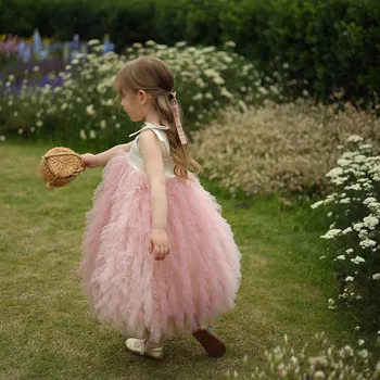 Новое платье на бретельках для маленьких девочек, детский костюм принцессы на день рождения, детский костюм-жилетка, детское летнее платье-пачка из розового тюля для выпускного вечера
