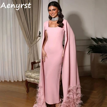 Новые Розовые платья для выпускного вечера с длинными рукавами и перьями, вечерние платья с квадратным воротником 